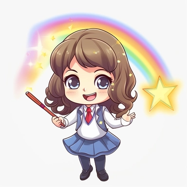 kawaii style rainbow cute teacher with a magic wand, casting spells to make learning fun and engaging for students, Best quality, 8K, HD, white background, no background, sublimation file, png, 2d, Cute kawaii style, vector clipart, no watermark