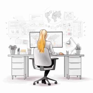 Scandinavian woman in a chair in front of a minimalist office desk with a monitor on it, 5 flowcharts are floating in air above the monitor, back view, draw clipart, isolated on white