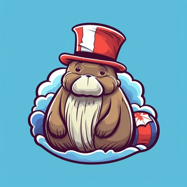 Showcasing a whimsical cartoon Walrus donning a Canadian flag-themed hat. The design should be humorous and light-hearted, capturing the essence of Canadian patriotism. The walrus can be depicted lounging on an iceberg, surrounded by other playful sea creatures.r, that can be used as a sticker, colorful, highly detailed, white background, style of pixar clipart, white background,--no cut off edges