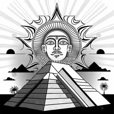 Sun, combine Mexican and Egyptian pyramides, 5b887445-1ac4-44a1-97ca-12fa2278b91f , Contour Drawing, surreal fantasy abstract drawing, texture. 2D, symmetric, in the style of line art coloring page, black and white, vector drawing style, clipart, white background