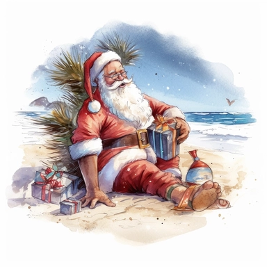 Watercolour of a santa on the beach , Clipart,Cartoon,hyper realistic, intricate detail isolated on a white background, high quality, sublimation, detailed, cartoon style