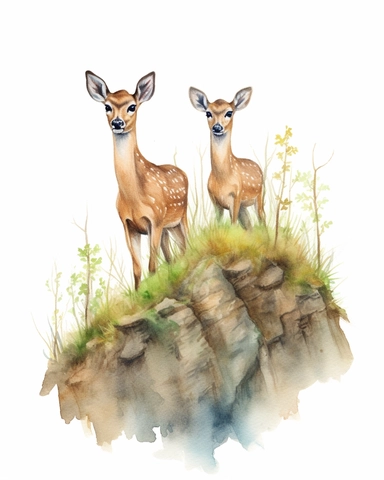 detailed watercolor a pair of fawn on a hill, 8k, hyper realistic, isolated on a white background, clipart