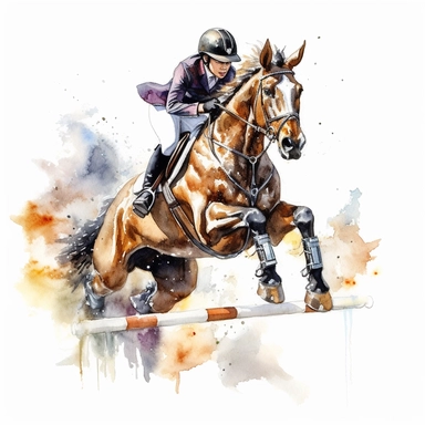 Takes horse jump lessons, highly detailed, watercolor, clipart, illustration, white background, digital painting, paper crafting, no signature, no text