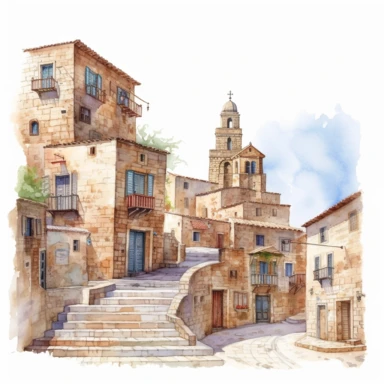watercolor mardin town in turkiye, illustrations clipart set, simple, , cartoon elements ,different variants , historic stone houses,historic buildings, cobblestone lanes, tone facades of the buildings, Mardin's stone Alleyways separate elements with a margin