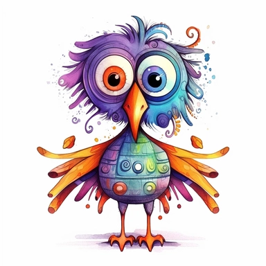 Funny colorful cartoon bird like a pompon clipart with big beautiful eyes and long beautiful legs, distinct fine details, watercolor technique, black contour lines
