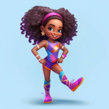 clipart, digital doll, popular, gorgeous black girl superhero, long wavy ponytail, girl character that loves having fun, cheerleading, dance, art, gym shoes, cool kid, vibrant colors, popular art style, cultural value, 8k, intricately drawn and rendered, — v5