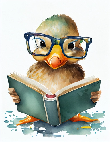 detailed watercolor kawaii duck with eyeglasses reading a book, facing front, isolated on a white background, clipart