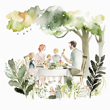 Watercolour family picnic in garden Clipart white background