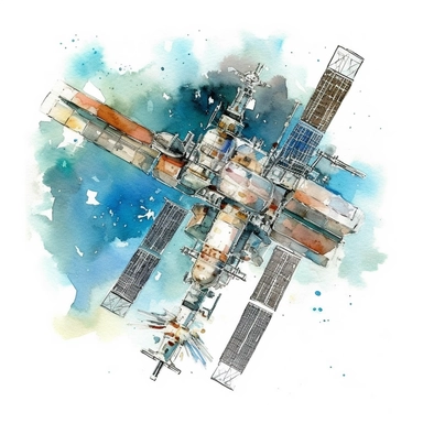 A clipart of the International Space Station orbiting Earth, created in watercolor style, all on a white background.