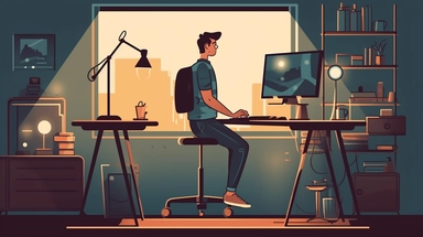 a male individual, working with a computer, standing desk, home office, healthy lifestyle, productivity, ergonomic setup, modern workspace, active break, balance, focused and determined, accent lighting, clipart, Illustration