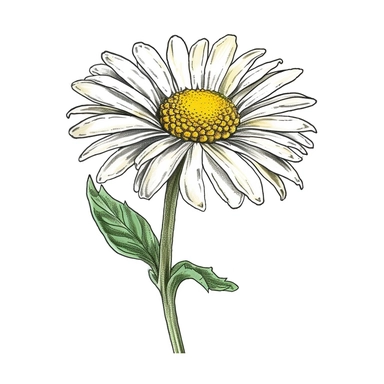 Envision a hand-drawn, detailed clipart of a daisy flower. The daisy is vibrant and fresh, with its central disk a cheerful yellow and the surrounding delicate petals rendered in a crisp white. The petals fan out symmetrically, creating a harmonious and balanced design. The slender green stem holds one or two softly serrated leaves, adding a touch of green to the scene. Despite the simplicity of a daisy, every detail is captured beautifully in this design, from the subtle textures of the petals 