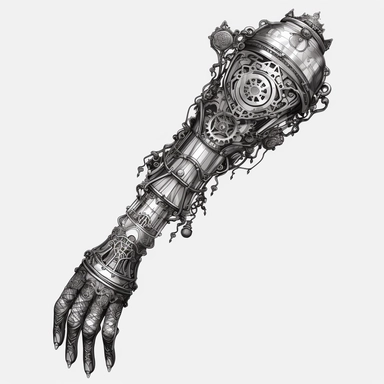 A steampunk-powered prosthetic arm, beautifully designed with intricate mechanical details ,Steampunk, black and white color obly, black ink, transparent background png, clipart no captions