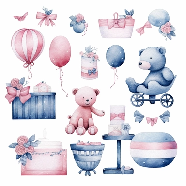 watercolor baby shower cliparts, blue, pink, boy or girl, white backrounds