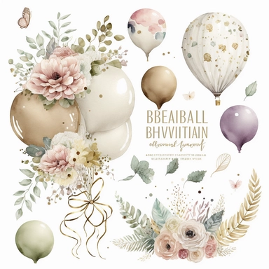 bridal balloons element set with flower boutique watercolor clipart, neutral colours, on white background, 8k