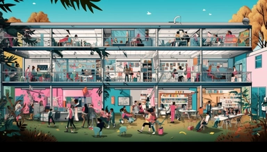 illustrated creative space, lots of people are working, hidden object, funny, minimalistic, vector clipart, 8k, high detail