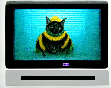 boxy retro gray CRT computer monitor displaying web browser, photo of wet cat in bee costume, hi this is my geocities for my cat named bee who loves flowers, Word Wide Web 90s website aesthetic, comic sans tacky clipart, glitch style