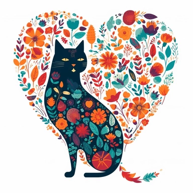 shaggy cartoon style cat in the center of vibrant colored boho style flowers in a heart shape border, silhouette vector flat simple identification symbol white backround white background minimalistic clipart png svg