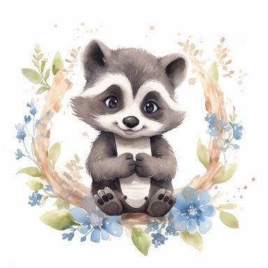 a whimsical baby raccoon with kind eyes clipart with watercolor illustration,full body shot,8k,etsy style, white background
