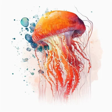 red orange watercolor style jellyfish in ocean clipart, white background, no text, for childrens reading book