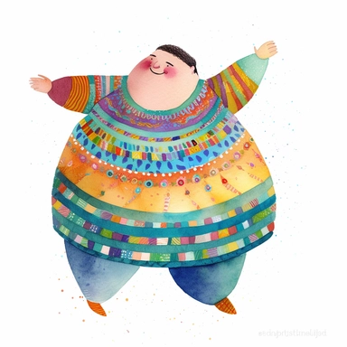 fat man dancing ballet isolated on white background, clipart, loose, watercolour gouache, textured, paper, naive folk art, whimsical, Lilla Rogers agency illustrator, isometric perspective, storybook style, bright colours, turquoise, teal, pink, purple, orange, yellow, blue, subtle patterns, stripes, dots, floral