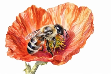 Aquarelle Bumble Bee Clipart a poppy flower, detailed painting, white background, single design, isolated white background, 8k, spaced out