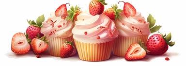 Tourism Illustration. Create a detailed and appetizing illustration of a Strawberries and Cream cupcake. The cupcake should be the central focus, with a golden base, a swirl of creamy white frosting, and topped with ripe, juicy strawberries. Surrounding the cupcake, add elements like scattered strawberries and dollops of cream, to emphasize the theme. The overall tone should be warm and inviting, using a color palette that highlights the reds of the strawberries and the creamy whites of the fros
