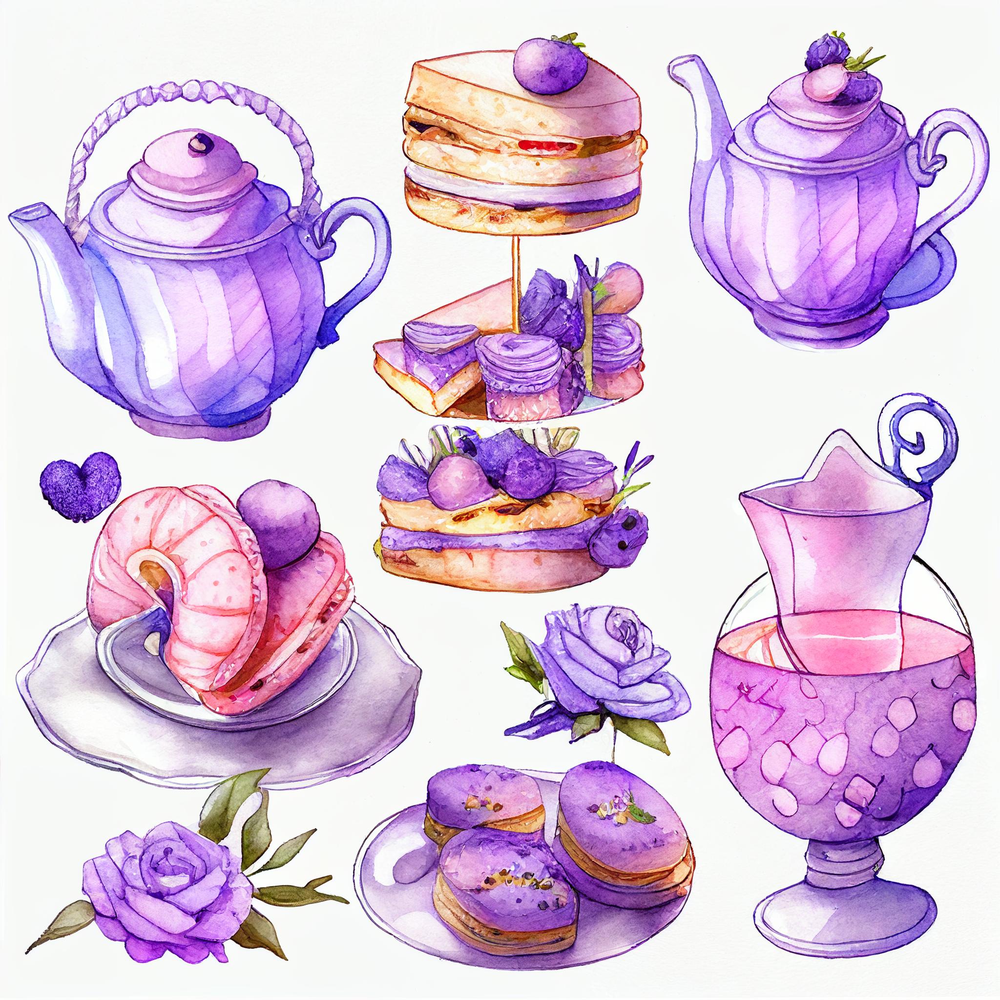 Draw a set of cartoon - style watercolor illustrations of a lavender - themed afternoon tea in shades of purple and pink. The images should have a elegant, refined, and sweet aesthetic, incorporating elements such as lavender - scented desserts, teas, and other culinary items such as macarons, scones, and a teapot. Individual images cliparts