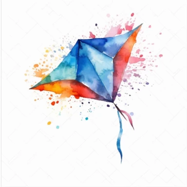watercolor colorful clipart of a colorful kite flying, hd, on white background