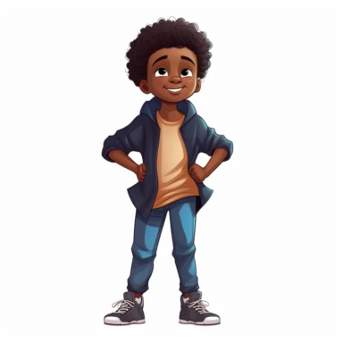 A full body illustration of a black boy with fresh hair cut, modern clothes, disney clipart
