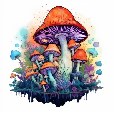 Watercolour Magical Mystical Mushrooms clipart, vector, contour, colorful vibrant, detailed, beautiful,32k , outlined, floral, trippy, heavenly graphic design, Acrylic paint, white flat background, flat