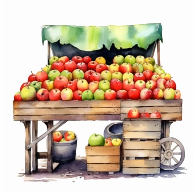 watercolor market stand with apples clipart, white background, realistic with high details, beautifully colored with strong palette pastel colors, 32k hd, detailed quality