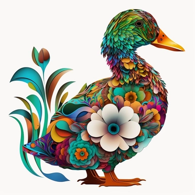 psychedelic cute real flower duck art nouveau, bright colours, clipart, centred, white background