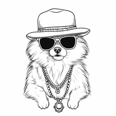 pomeranian dog walking. dressed like a pimp. sunglassess, gold chain, hat, fedora, a simple outline image, clipart, line art, black and white chaos 0.