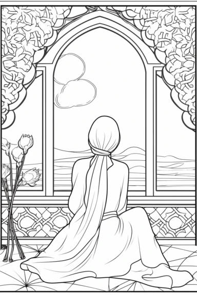 coloring page of a back view of a beautiful Hijabi girl, reading a book that covers her face while is sitting in her moroccan house and a window is open, no face is showing, muslim lady clipart, veiled woman clipart, coloring book page for teens, no text, clean and simple line art