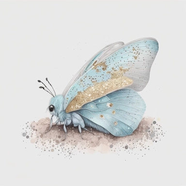 A pale blue moth, on a bed of glitter, white, gold, glitter, fantasy, realistic illustration, watercolor, by Dinara Mirtalipova, by Disney, bright and airy Colors, concept art, white background , clipart