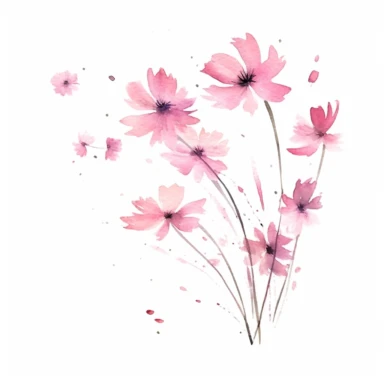 Whimsical watercolor illustration of pink flowers floating in the air, depicted from a side angle, with loose brushstrokes adding a sense of movement, clipart on a clean white backdrop.
