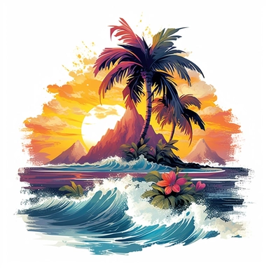 artwork majestic palm tree in digital painting style, beautiful flowers, sunrise mountains and clouds, big sea waves, water splashes, white background, colorful fantasy flower surround, highly detailed clean, vector image, photorealistic masterpiece, professional photography, realistic, flat white background, isometric, vibrant vector, clipart, illustration, realism, 4k, cinematic, front view, white background, tropical, tropical flowers, flora