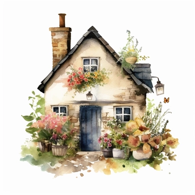 one garden house clipart digital arts on a white background, in the style of atmospheric watercolours, uhd image, vintage cut-and-paste, iconic, realistic, detailed rendering, en plein air technique, charming characters , no watermark, text, 300 DPI , typography, shapes do not stick together, no text in the picture, on a white background