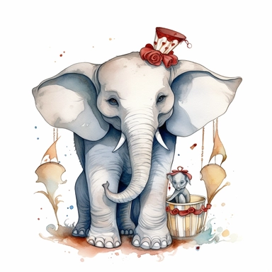 hand drawn Disney’s dumbo the baby elephant, oversized ears, loving his mother, 1920’s circus, glamorous, very detailed and realistic, watercolor, clipart style, white background with margins