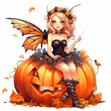 a beautiful smiling fairy girl sitting on a happy big jackolantern pumpkin in a pumpkin patch, highly detailed dress, big fairy wings, pixar style, full body image, clipart, white background, Sticker, Cutline, Vector, White Background