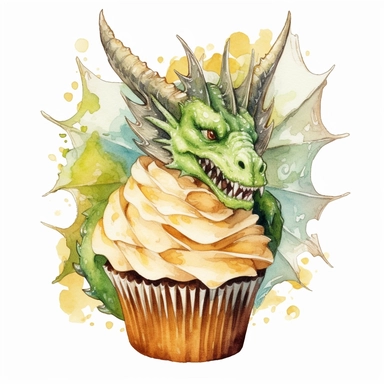 delicious halloween cupcake with dragon , watercolour illustration clipart, extremely detailed, 4k, high quality, colour scheme gold, silver and cream and lime green , , isolated on white background
