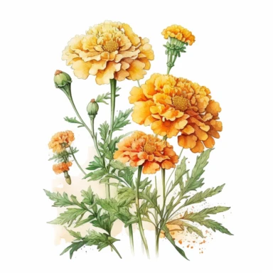 [5497791658] Watercolor clipart. Delicate marigolds captured in a watercolor masterpiece, their golden hues adding a touch of sunshine to any space.. White background. No text. No caption. No logo
