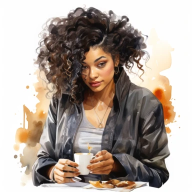 Hyperrealistic high detailed watercolor black woman drinking coffee clipart, white background