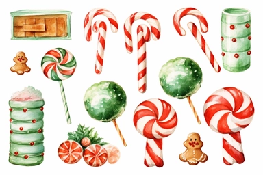 watercolour of a variety of Christmas Candies and cookies. Red and Green Gumdrops, Candy Canes, Peppermints, ginger breads, ribbon candy, clipart variations, simple, vector, 8k
