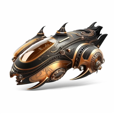 A spaceship, steampunk, copper black and gold color palette, realistic, bold line, clipart, sticker, white background, no shadow, 8k detail