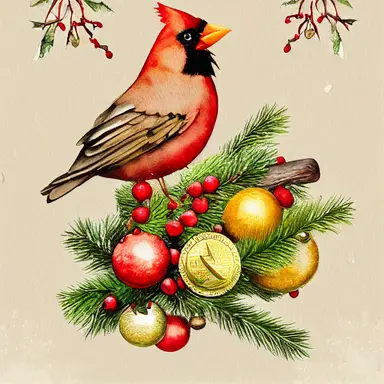 Cardinal bird, vintage lantern, winter greenery. Christmas clipart. Watercolor illustration. Pine fir branches, Holly berry, gold apple, coin. Floral bouquet. Holiday decor for print, card making
