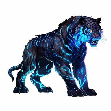 a glowing tribal tiger with blue lights on his eyes, tribal animals, in the style of manhwa character design, master of shadows, burned/charred, himalayan art, dark black and light azure, clipart, on white blackground