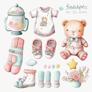 Cute baby clipart watercolor set, pacifier, socks, romper, bib