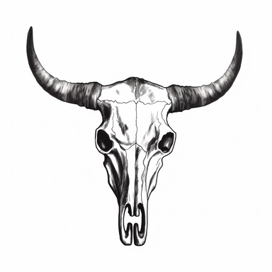a silhouette of a bull skull with wide white long horns on transparent background,vector objects, clip art, black and white style of austin briggs natural symbolism, monochromatic, line drawings, minimalist detail, cowboy imagery, rusticcore