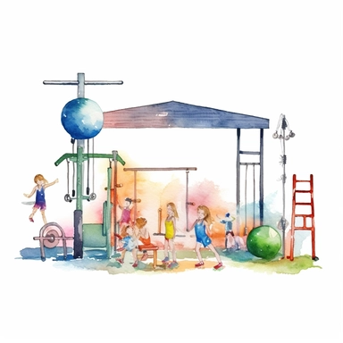 A school gym clipart in the style of watercolor illustrations, white background